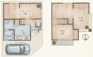 リビングは9帖と広めの空間でゆったりとした印象です。各部屋にクローゼットがあり収納スペースが充実しています。バルコニーも設けられており使いやすい間取りです。駐車スペースも確保されています。 間取り